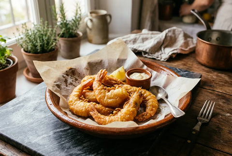Gambas con gabardina doradas recién fritas