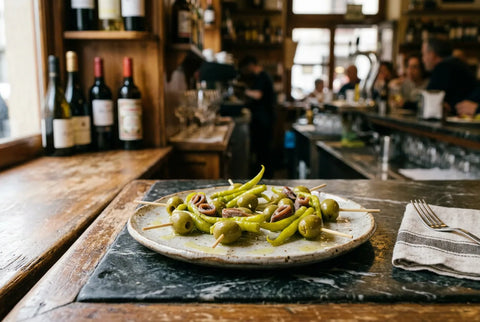 Gildas originales montadas con anchoa, guindilla y aceituna en un plato de bar