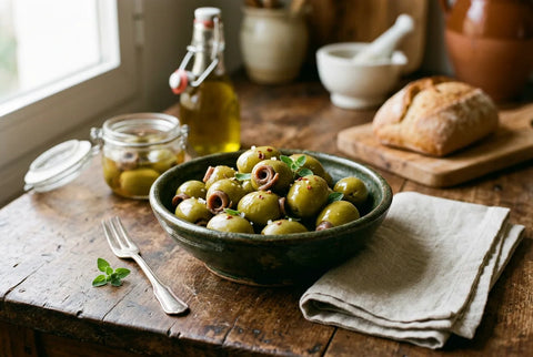 Aceitunas gordales rellenas de filete de anchoa en un cuenco