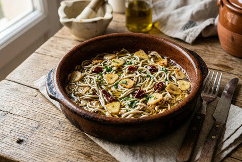 Cazuela de barro con gulas al ajillo, ajo laminado y guindilla