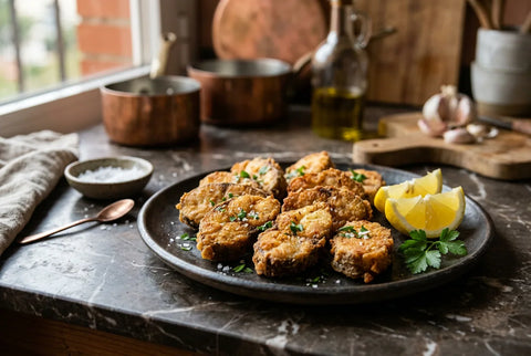 Rodajas de huevas fritas doradas servidas con limón