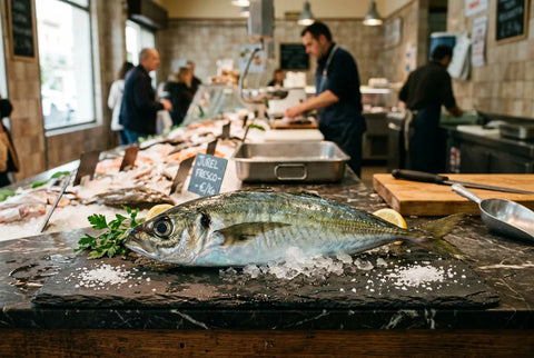 Jurel fresco entero en la pescadería