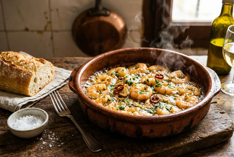Langostinos al ajillo en cazuela de barro chisporroteando