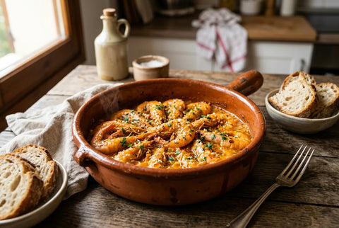 Cazuela de barro con langostinos cubiertos de salsa anaranjada y ajo