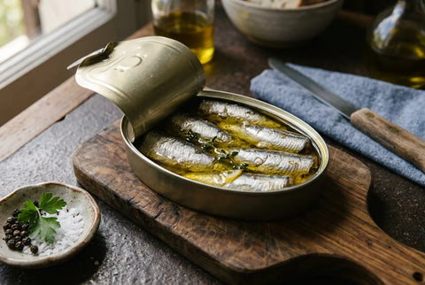 Lata abierta de sardinas en aceite de oliva con los filetes alineados