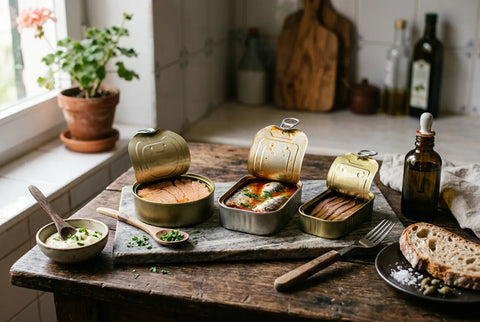 Latas de atún, sardinas y anchoas abiertas sobre una mesa