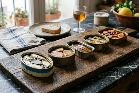 Varias latas de conserva de pescado alineadas sobre una mesa de madera