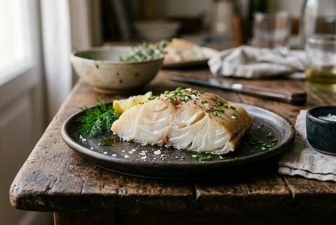 Lomo de bacalao ahumado cortado mostrando las láminas