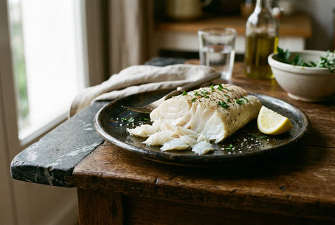 Lomo de bacalao cocido abriéndose en lascas nacaradas