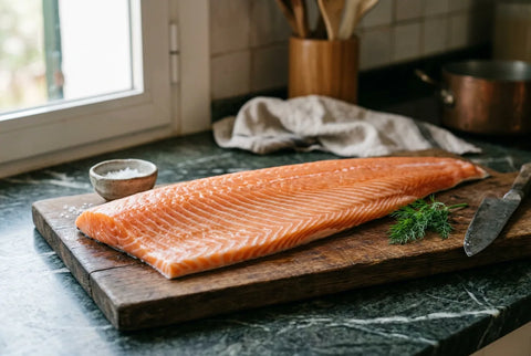 Lomo entero de salmón crudo mostrando las vetas de grasa del vientre a la cola
