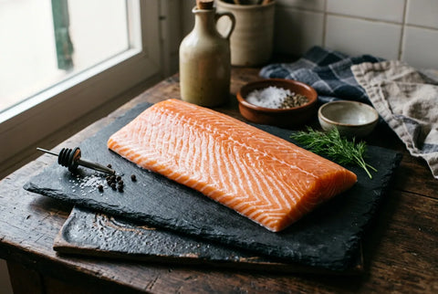 Lomo de salmón crudo con las vetas blancas de grasa entre los músculos