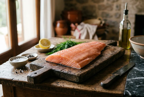 Lomo de salmón fresco crudo sobre tabla con la piel hacia abajo
