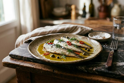 Lomos de sardina ahumada en aceite servidos sobre plato de cerámica