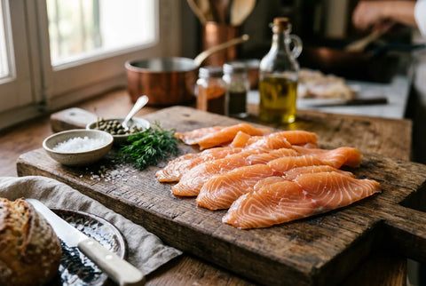 Lonchas de salmón ahumado en frío mostrando las vetas blancas de grasa