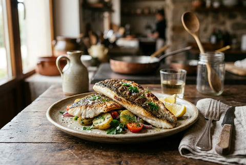 Filetes de lubina a la plancha con la piel crujiente