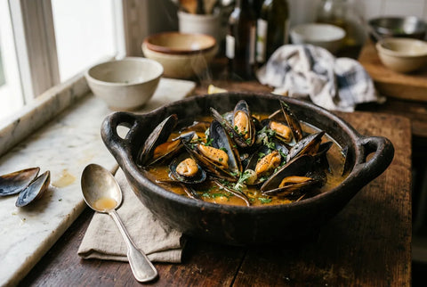 Mejillones abiertos al vapor en una cazuela con su caldo