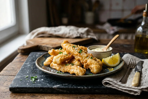 Tiras de merluza a la romana recién fritas y doradas
