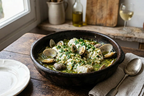 Cazuela de merluza en salsa verde con almejas y perejil