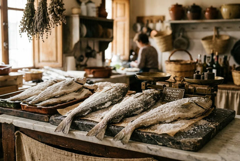 Mostrador de bacalao salado con piezas enteras expuestas a peso