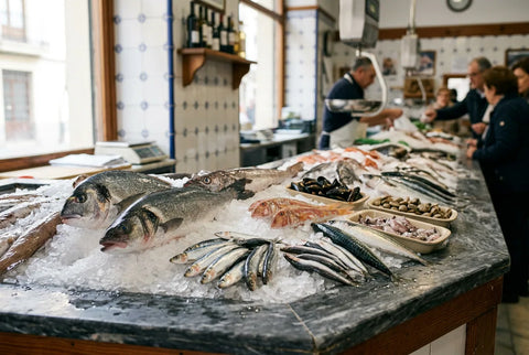 Mostrador de pescadería de barrio con pescado fresco sobre hielo