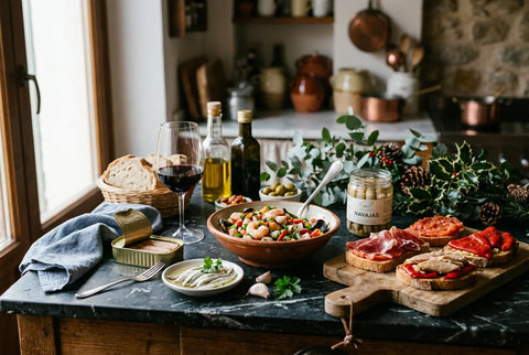 Mesa de Nochebuena con menú frío de conservas, salpicón y tostas recién montadas