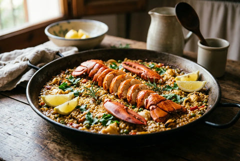 Paella de bogavante terminada con los medallones encima