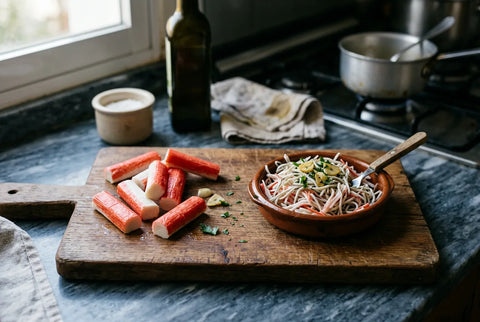 Palitos de surimi y gulas sobre tabla mostrando los dos formatos