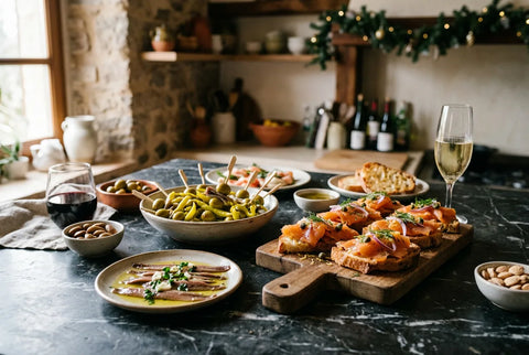 Mesa de picoteo navideño con anchoas, gildas, salmón ahumado y pan de cristal sobre mármol oscuro
