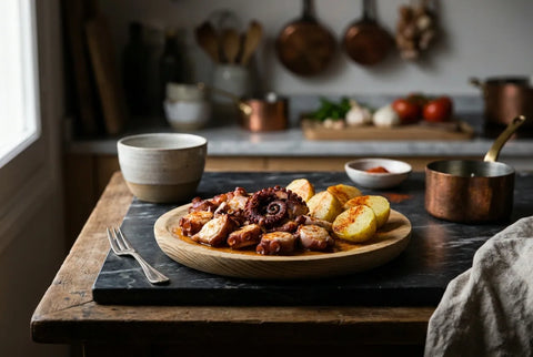 Pulpo á feira servido en plato de madera con cachelos, pimentón y aceite de oliva