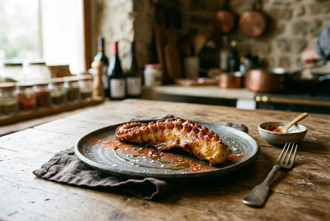 Pata de pulpo a la plancha dorada con pimentón y sal en escamas