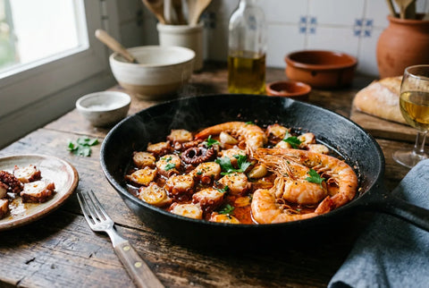 Pulpo cocido y langostinos recién salteados en una sartén con aceite de pimentón
