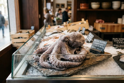 Pulpo congelado entero en el lineal de supermercado