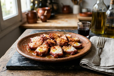 Pulpo cocido cortado en rodajas con pimentón y aceite