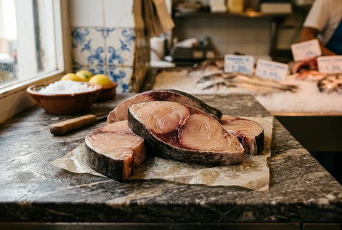 Rodajas de pez espada frescas en la pescadería