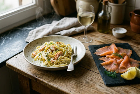 Salmón ahumado loncheado junto a un plato de pasta caliente con salmón cocinado