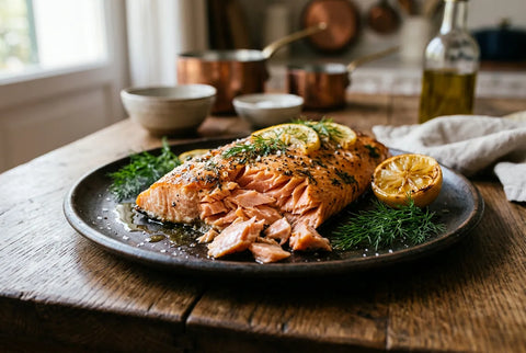 Lomo de salmón al horno abriéndose en lascas jugosas