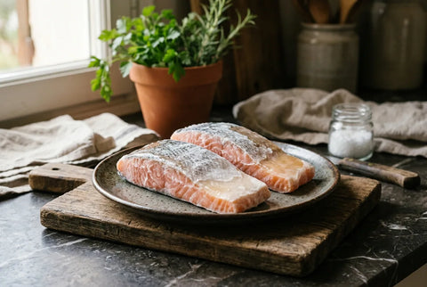 Lomos de salmón congelados con la capa de glaseado visible