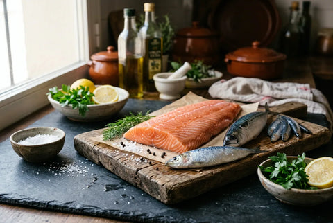 Lomo de salmón fresco sobre una tabla junto a otros pescados azules