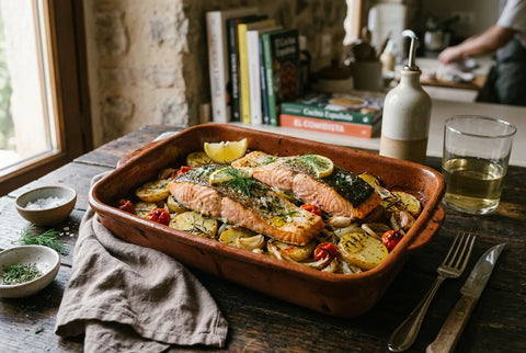 Lomos de salmón al horno sobre cama de patatas