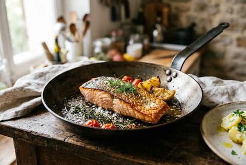 Lomo de salmón con la piel dorada y crujiente recién sacado de la sartén