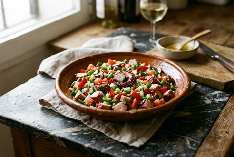 Salpicón de pulpo con pimiento, cebolleta y tomate en fuente de barro
