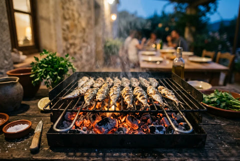 Sardinas asándose sobre una parrilla de brasas en una noche de verano