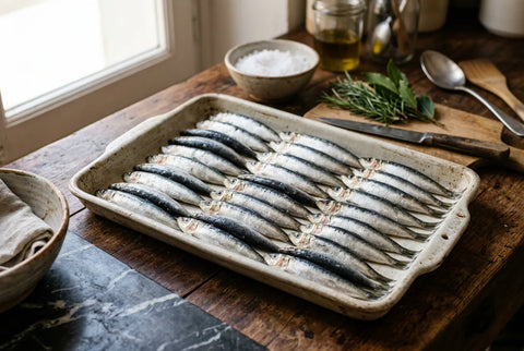 Sardinas limpias y secas extendidas sobre una bandeja antes de entrar al congelador