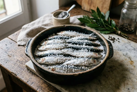 Sardinas en salazón colocadas en capas con sal gruesa