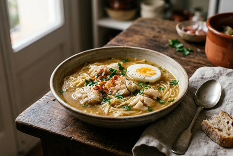 Plato de sopa de merluza con fideos y huevo cocido