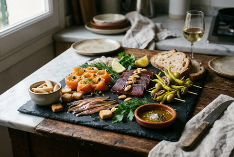 Tabla de aperitivos navideña montada sobre pizarra con anchoas, salmón ahumado, mojama y gildas