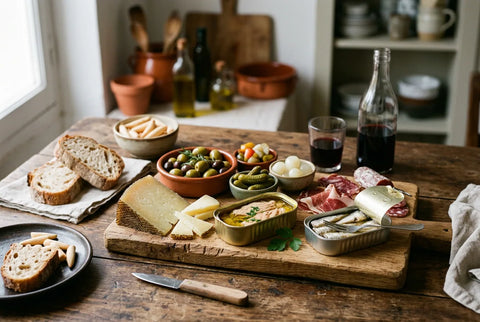 Tabla de picoteo montada con conservas, queso curado y encurtidos variados