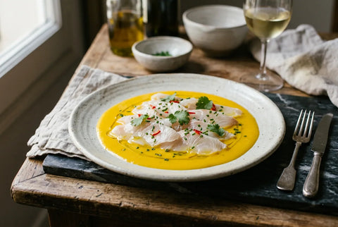 Láminas finas de pescado blanco extendidas en un plato con salsa amarilla