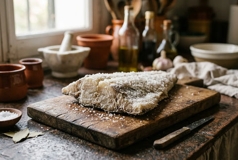 Pieza de ventresca de bacalao en salazón sobre una tabla de madera