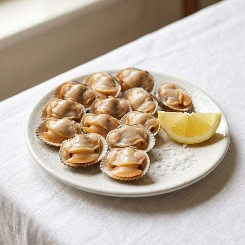 Berberechos al natural 20/25 servidos en plato con limón - sugerencia de presentación
